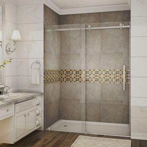 Aston Moselle 60 in. x 75 in. Completely Frameless Sliding Shower Door in Stainless Steel with Clear Glass Steel Shower Door, Shower Alcove, Frameless Sliding Doors, Frameless Sliding Shower Doors, Glass Shower Door, Frameless Shower Door, Bathtub Doors, Latest Bathroom, Tub Doors