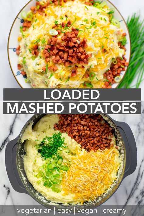 This best Loaded Mashed Potatoes recipe is vegetarian and easy to make with vegan cream cheese, bacon, and Tex Mex cheese shreds. Learn how to make them so creamy, rich, decadent, buttery and at restaurant quality. Enjoy this homemade version all year, or in the holiday season, as is or even as base for a Loaded Mashed Potato Casserole. #vegan #vegetarian #dinner #lunch #contentednesscooking #mealprep #freezermeals #loadedmashedpotatoes #mashedpotatoes Vegan Loaded Mashed Potatoes, Loaded Mashed Potatoes Recipe, Vegan Casseroles, Casserole Vegan, Loaded Mashed Potato Casserole, Clean Eating Vegan, Mashed Potato Casserole, Loaded Mashed Potatoes, Mashed Potatoes Recipe