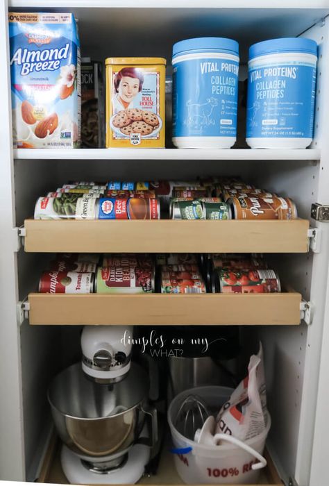 Organize Deep Pantry, Organize Pull Out Pantry Shelves, How To Organize A Deep Pantry Cabinet, Small Pantry Pull Out Shelves, Deep Cupboard Organization, How Deep Should Pantry Shelves Be, Pantry Slide Out Shelves Lowe's, Canned Good Storage, Slide Out Pantry