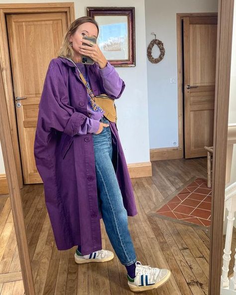 Long Purple Coat Outfit, Violet Coat Outfit, Colorful Minimalism Outfits, Purple Trench Coat Outfit, Haley Nahman, Purple Coat Outfit, Purple Shoes Outfit, Purple Raincoat, Violet Outfit