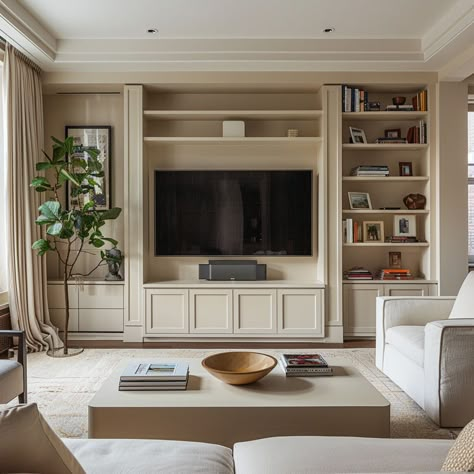 Tv Wall Unit Designs, Built In Tv Unit, Apartment Barcelona, How To Start Painting, Built In Wall Units, Library Cabinet, Contemporary Home Design, Wall Unit Designs, Living Room Classic