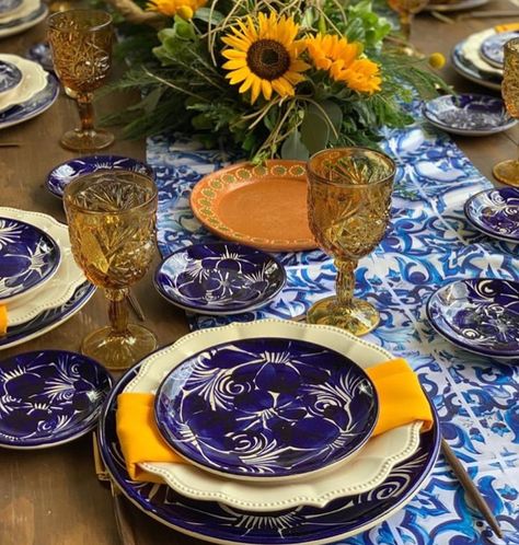 Talavera Party, Talavera Table, Mexican Ideas, Grandmas Birthday Party, Grandmas Birthday, Mexican House, Blue Patio, Mexican Dinner, Boda Mexicana