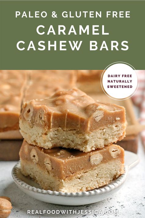 These Paleo Caramel Cashew Bars are easy to make, rich, and so good! A shortbread layer topped with a fudge-like layer that is sweet and packed with buttery cashews. They are gluten free, dairy free, vegan, and naturally sweetened. Vegan Slice, Paleo Caramel, Cashew Bars, Caramel Cashew, Vegan Caramel, Paleo Recipes Dessert, Paleo Baking, Paleo Sweets, Paleo Recipes Easy