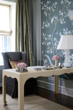 Wall Murals & Wallpaper Panels (An Idea For My Entryway) - Addicted 2 Decorating® Wallpaper Interiors, French Office, Feminine Office, Contemporary French, Teenage Girl Room, Feminine Home Offices, Gold Office, Office Wallpaper, Blue Chinoiserie