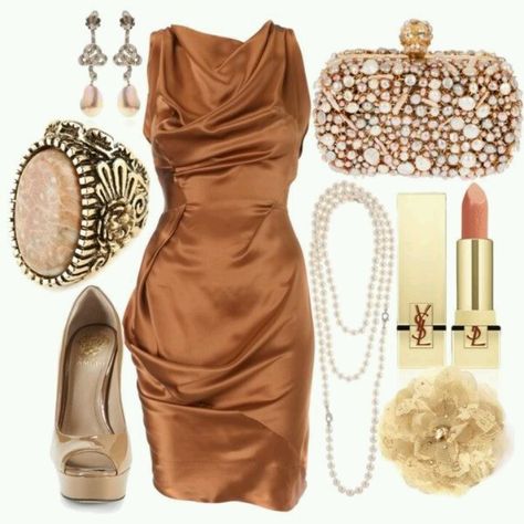 Copper dress, jewelled clutch Copper Dress Outfit, Copper Dress, Dressy Attire, Dress Outfit, Classy Women, Beautiful Fashion, Fashion Set, Elegant Fashion, Polyvore Fashion