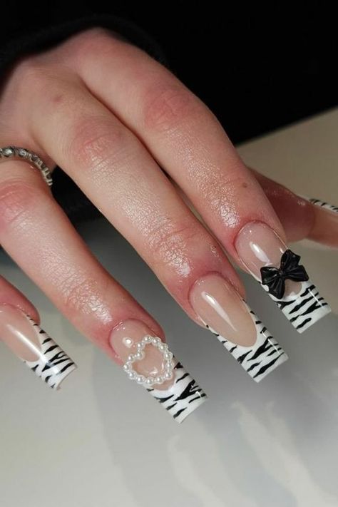 30+ Bow Accents Nail Ideas: Enhance Your Femininity! - INSPIRATIONAL DESIGN Square Acrylics, Zebra Nail Designs, Zebra Print Nails, Art Exploration, Bow Art, Black French Tips, Zebra Nails, Tapered Square, French Nail Designs