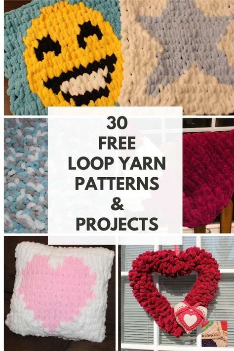 Loop yarn is a popular new way to knit without knitting needles. We have a roundup of 30 free patterns for loop yarn and some are our own tutorials. Things To Make With Loop Yarn, Loop Yarn Ideas, Loop Yarn Patterns Free, Finger Loop Yarn Projects, Loop Yarn Pillow, Loopy Yarn Projects Easy, Loop Yarn Projects, Loop Yarn Patterns, School Crochet