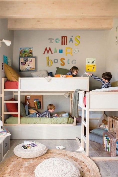 Multiple Bunk Beds, Multiple Kids Bedroom, Boys Bedroom Bunk Beds, Ikea Kids Bedroom, 3 Kids Bedroom, Shared Bedroom Ideas, Boy And Girl Shared Room, Bedroom Ideas For Kids, Kura Hack