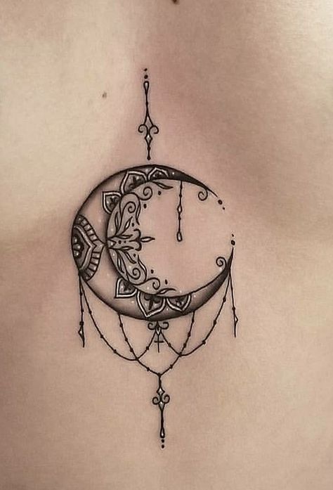 Sternum crescent moon tattoo Wrist Mandala, Crescent Tattoo, Mandala Nature, Orca Tattoo, Body Tattoo Design, Hamsa Tattoo, Crescent Moon Tattoo, Moon Tattoo Designs, Brooklyn Beckham