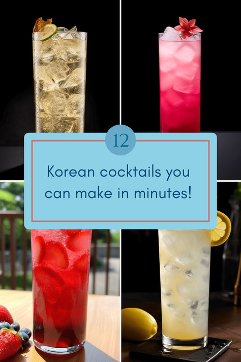 Explore these korean cocktails: Soju Sunrise, Soju Bomb, Maekju Somaek, Chamisul Fresh, Bokbunja Cocktail, Makgeolli Mimosa, Yuja Cha Mojito, Korean Mojito Makgeolli Cocktail, Korean Cocktails, Soju Cocktails, Sake Cocktails, Soju Cocktail, Sake Cocktail, Red Chili Paste, Palate Cleanser, Unique Drink