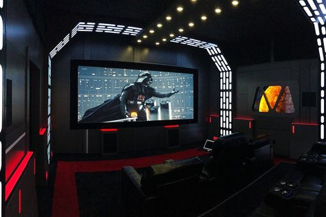 Stage Technology, Star Wars Basement, Star Wars Theme Room, Star Wars Office, Lightsaber Ideas, Star Wars Man Cave, Sci Fi Room, Star Wars Home, Sala Cinema