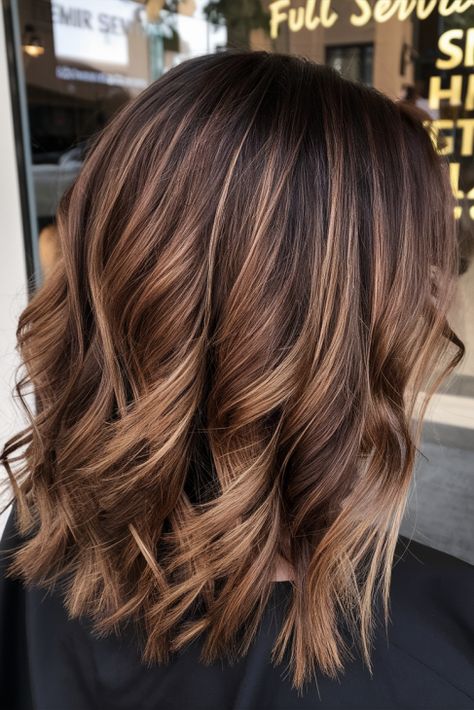 Caramel Burgundy Highlights, Cinnamon Lowlights On Brown Hair, Hazelnut Brunette Hair, Mocha Caramel Hair, Low Light Hair Color Ideas, Cinnamon Hair Color Formula, Brunette Copper Highlights, Highlight For Brown Hair, Dark Copper Hair With Blonde Highlights