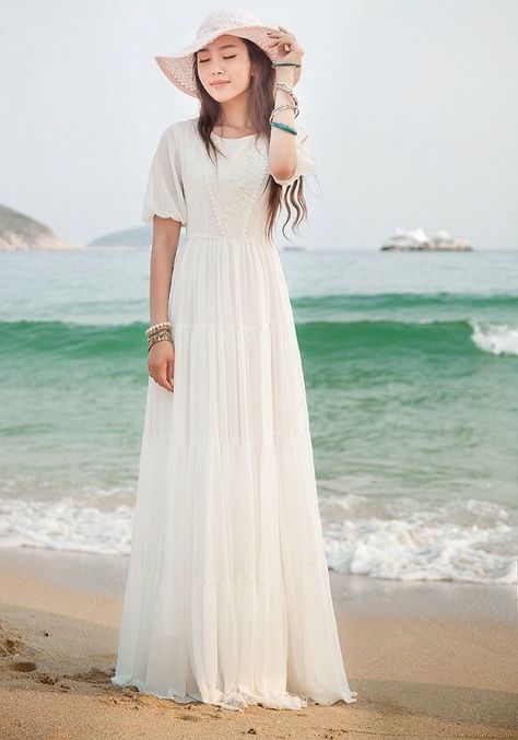 Modest White Dress... Beach White Dress, Estilo Hippie, Elegant Maxi Dress, Lace Side, Chiffon Dress Long, Short Sleeve Maxi Dresses, Maxi Dress Online, Maxi Robes, White Maxi