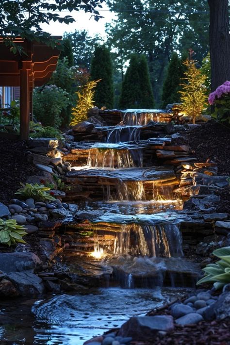 Transform your outdoor oasis with these captivating waterfall lighting ideas that truly shine. Discover how the right lights can enhance your backyard water features, creating a stunning experience at night. From subtle fairy lights splashed with colors to LED spots that make cascading falls pop, there’s something for everyone. Your garden will be the talk of the town! Check out fabulous designs that combine functionality with beauty for the ultimate outdoor appeal. Light up your evenings with these amazing tips and tricks! How To Build A Waterfall, Waterfall Lighting, Backyard Streams, Ideas For Flower Beds, Pool Upgrades, Backyard Water Features, Backyard Stream, Outdoor Waterfall Fountain, Garden Path Lighting