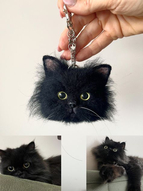 Needle Felt Black Cat, Needle Felted Dinosaur, Black Cat Portrait, Felt Keyring, Cat Felt, Felted Toys, Felted Cat, Needle Felted Cat, Head Sculpture