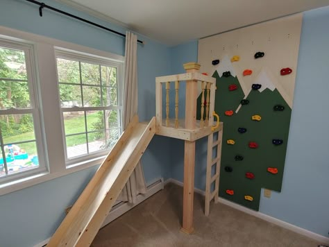 Playroom Fort Ideas, Diy Indoor Slide, Jungle Gym Bedroom, Active Playroom Ideas, Playroom Slide, Active Playroom, Ultimate Playroom, Diy Slide, Loft Playroom