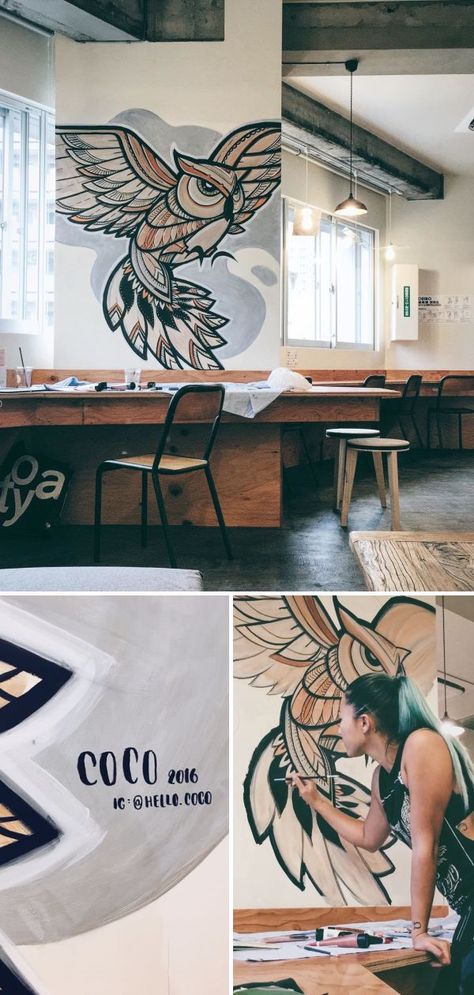 Owl Mural by Coco at Wise Owl Hostels Tokyo Owl Mural, Bird Mural, Indoor Mural, Mural Ideas, Owl Bird, Wise Owl, Furniture Art, Inspired Living, Art Beautiful