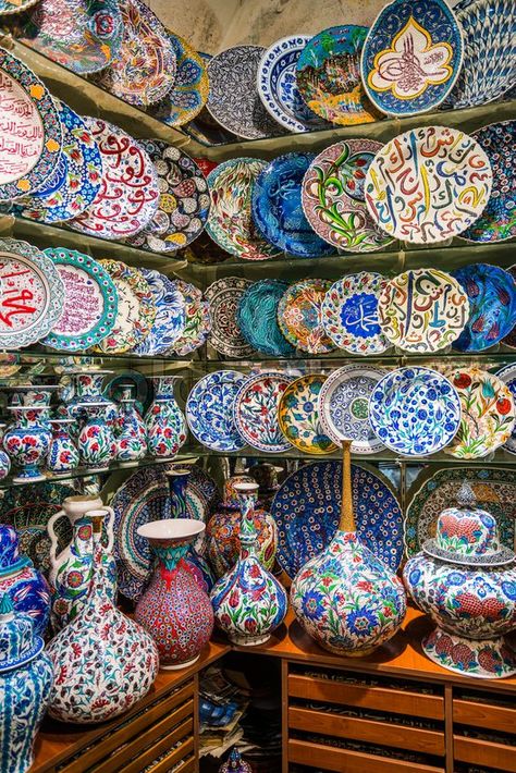 Stock image of 'Turkish ceramics on the market' Turkish Ceramic Plates, Turkish Culture Aesthetic, Turkish Restaurant Interior Design, Turkish Aesthetic, Turkey Culture, Moroccan Pottery, Crockery Design, Turkish Pottery, Turkish Decor