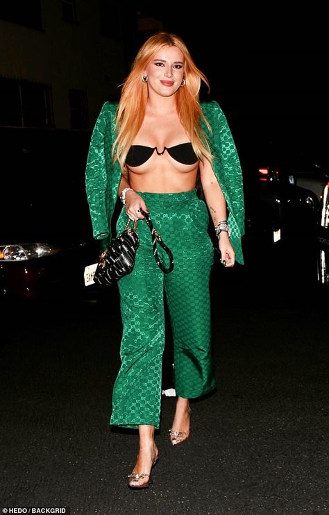 Busty: Bella Thorne barely concealed her assets in a TINY bra and textured Gucci suit as she attended a pre Grammy bash in Los Angeles on Friday evening Mike Dean, Bella Thorne Style, Revealing Outfit, Melanie Laurent, Gucci Suit, Grammy Party, Emily Vancamp, Cheryl Ladd, Heather Graham