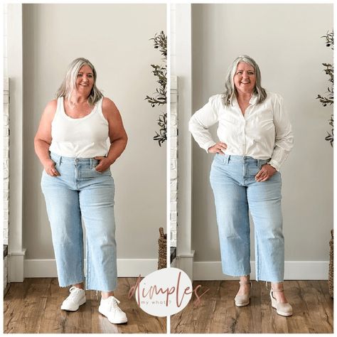 4 OF THE BEST PLUS-SIZE WIDE-LEG JEANS FOR BIG THIGHS - dimplesonmywhat Wide Leg Jeans Outfit Plus Size, Jeans For Big Thighs, Wide Leg Jeans Plus Size, Wide Leg Jeans Outfit, High Waisted Wide Leg Jeans, White Platform Sneakers, Cropped Wide Leg Jeans, Jean Trends, Loose Jeans