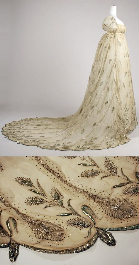 French evening dress, 1805–10, cotton, metallic thread Regency Princess Dress, 1805 Fashion, 1810s Dress, Princess Oc, Regency England, Gaun Abad Pertengahan, Regency Era Fashion, Era Fashion, 1800s Fashion