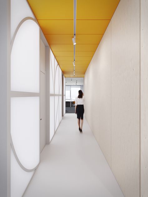 Bright Office Space, Bright Office, Yellow Office, Yellow Ceiling, Office Ceiling, Corridor Design, Hospital Interior, School Interior, Office Space Design