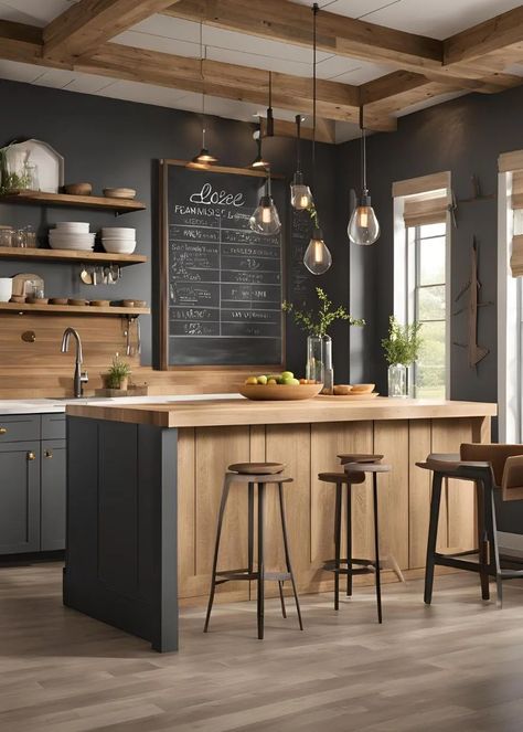 20 Modern Farmhouse Kitchen Ideas You’ll Love 14 Grey And Wooden Kitchen, Modern Farmhouse Kitchen Ideas, Unique Bar Stools, Modern Farmhouse Ideas, Reclaimed Wood Beams, Small Chalkboard, Modern Farmhouse Kitchen, Farmhouse Kitchen Ideas, Rustic Wooden Table