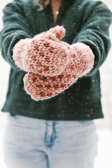 A woman wearing a knit look crochet chunky mittens pattern. Chunky Yarn Mittens Pattern, Crochet Pattern Mittens Free, Fleece Crafts No Sew, Chunky Knit Mittens Pattern, Bulky Crochet Mittens Free Pattern, Chunky Yarn Crochet Mittens, Bulky Yarn Mittens Free Pattern, Chunky Mittens Crochet Pattern Free, Chunky Mittens Knitting Pattern Free