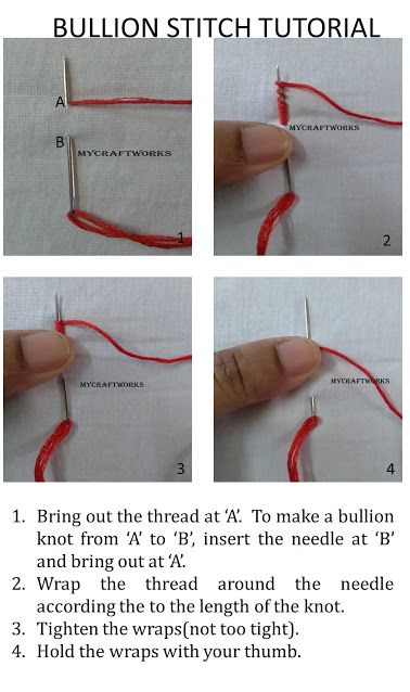 My craft works: Bullion Knot Stitch - Tutorial Bullion Knot Embroidery, Bullion Stitch Embroidery, Bullion Knot Stitch, Kamal Kadai, Types Of Embroidery Stitches, Bullion Knot, Knot Stitch, French Knot Stitch, Neckline Embroidery