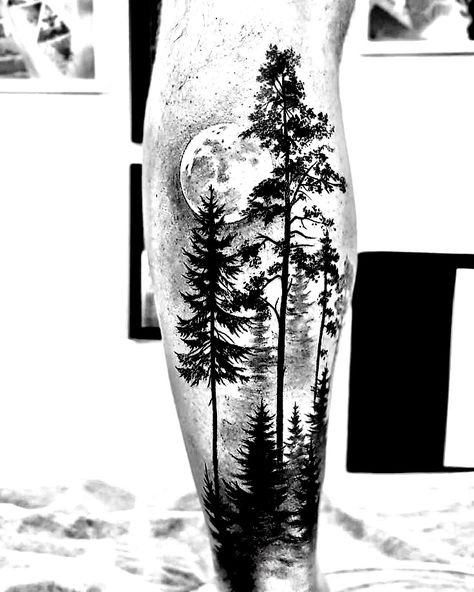 Women Forest Tattoo, Woods Forearm Tattoo, Outdoorsmen Tattoo Ideas, Outdoor Scene Tattoo Design, Half Sleeve Nature Tattoo For Men, Wolf In The Woods Tattoo, Nordic Forest Tattoo, Forest And Moon Tattoo, Trees And Water Tattoo