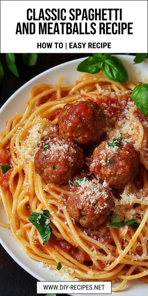 Enjoy this Classic Spaghetti and Meatballs Recipe! Juicy meatballs simmered in a rich tomato sauce, served over al dente spaghetti. Perfect for a cozy family dinner. How To Make Spaghetti And Meatballs, Spaghetti Sauce And Meatballs, Meat Ball Spaghetti Recipe, Macaroni And Meatballs, Best Meatballs For Spaghetti, Meatball Spaghetti Recipes, Meatball And Sauce Recipe, Homemade Spaghetti And Meatballs Recipe, Spaghetti Meatball Recipe