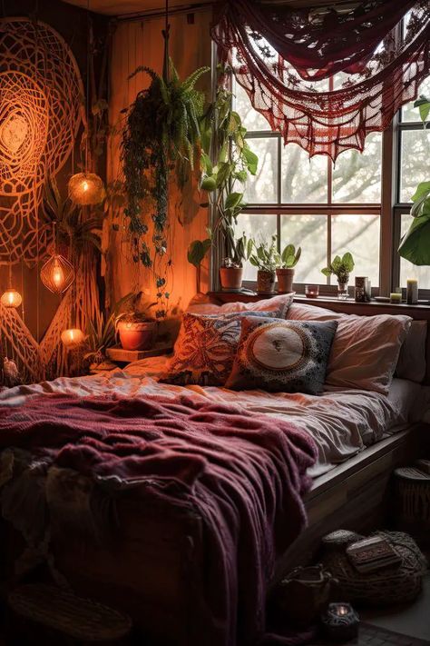 Dark Cottagecore Bedrooms - Bohemian Decor Meets Moody Aesthetics Boho Witchy Bedroom, Cottagecore Bedrooms, Witchy Bedroom Ideas, Dark Boho Bedroom, Witchy Bedroom, Bedroom Aesthetic Cozy, Trendy Posters, Creative Collage, Bedroom Bohemian