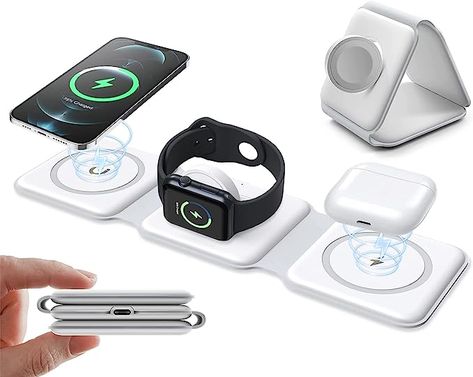 3 In 1 Wireless Charger Station, Iphone Wireless Charger, Phone Charger Wireless, 3 In 1 Foldable Wireless Charger, Apple Magsafe Battery Pack, 3 In 1 Wireless Charger, Office Upgrade, Wireless Charging Station, Charger Holder