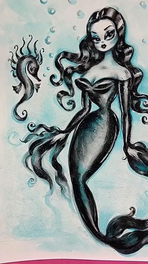 Pin on Vintage Style Mermaids Rockabilly Artwork, Goth Mermaid, Golden Seal, Pin Up Mermaid, Miss Fluff, Morticia Addams, Mermaid Painting, Vintage Inspired Art, Nostalgic Art