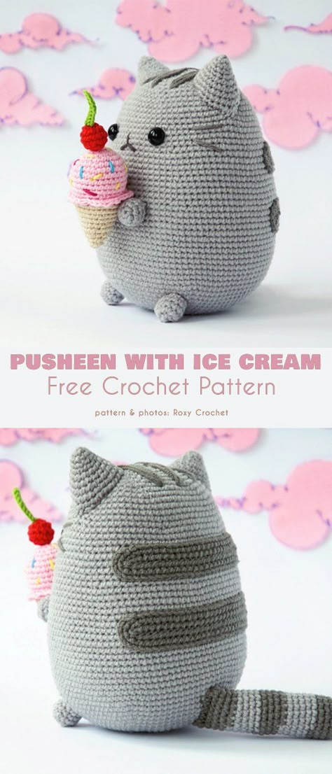 Pusheen with Ice Cream Crochet Cat Loaf Pattern Free, Free Cat Amigurumi Pattern, Pusheen Crochet Pattern Free, Easy Crochet Free Patterns, Pusheen Crochet, Kawaii Knitting, Cat Crochet Pattern Free, Crochet Pusheen, Kawaii Crochet Pattern