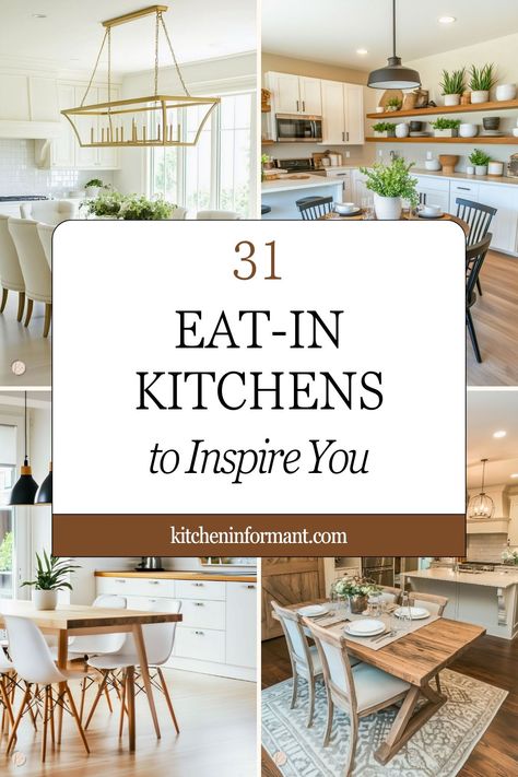 31 Eat in kitchens to inspire you graphic. Bar Table In Kitchen Ideas, Kitchen With A Table In The Middle, Eat In Kitchen Lounge Area, Build In Table Kitchen, Dining Table In Center Of Kitchen, Tables In Kitchens, Kitchen With Dining Area Ideas, Dining Table In Kitchen Layout, Kitchen Ideas With Breakfast Nook