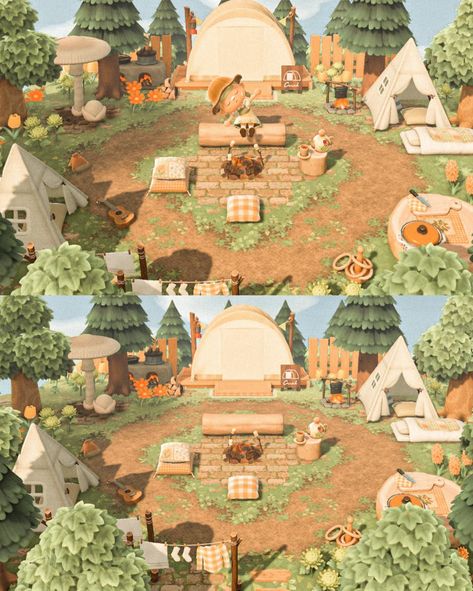 Acnh Cottage Core Builds, Acnh Campsite Idea, Acnh Campsite Ideas Cottagecore, Campsite Design Animal Crossing, Acnh Island Cottagecore Ideas, Animal Crossing Island Inspiration Campsite, Cottage Island Animal Crossing, Camp Ideas Animal Crossing, Animal Crossing Forest Core Ideas