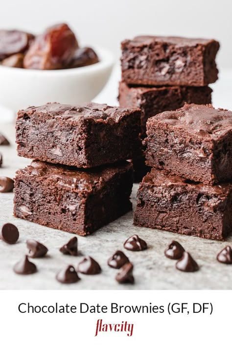 Gluten and dairy free chocolate brownies sweetened with dates. Brownies Sweetened With Dates, Date Sweetened Brownies, Flav City Recipes, Baking With Dates, Brownies With Dates, Recipes With Dates, Recipe With Dates, Flav City, Date Brownies