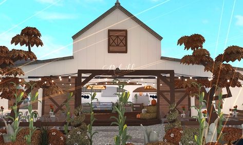 Bloxburg Festival Ideas, Bloxburg Barn Ideas, Farmers Market Bloxburg, Bloxburg Halloween Carnival, Barn Bloxburg, Bloxburg Halloween Festival, Fall Town Bloxburg, Bloxburg Festival, Pumpkin Patch Bloxburg