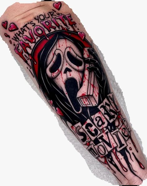 Scream Tattoo Ideas, Halloween Movie Tattoos, Movie Tattoos Ideas, Little Shop Of Horrors Tattoo, Horror Movie Tattoos Ideas, Scream Tattoos, Ghostface Tattoo, Care Bear Tattoos, Horror Movie Tattoos