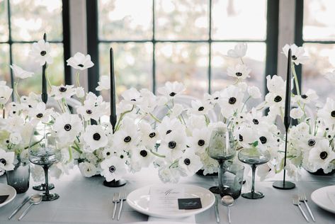 wedding Anemone flowers, black and white wedding decor, black and white flowers, wild indigo floral, unique by design weddings, classic wedding, black tie wedding, wedding tablescape, anemones, bridal flowers White Wedding Table Setting, Anemone Wedding, Weekly Inspiration, White Anemone, Anemone Flower, Black Candles, Spring Table, Black And White Wedding, Wedding Table Settings