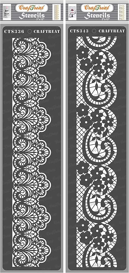 CrafTreat Reusable Lace Border Stencils for Painting on Wood, Canvas, Paper, Fabric, Floor, Wall and Tile - Lace Border1 and Lace Border2-2 Pcs - 3x12 Inch Each - DIY Art and Craft Stencils Borders : Amazon.co.uk: Home & Kitchen Iod Stamps, Lace Stencil, Ornate Border, Laser Cut Stencils, Craft Stencils, Stencils For Painting, Border Lace, Wallpaper Borders, Painting Templates