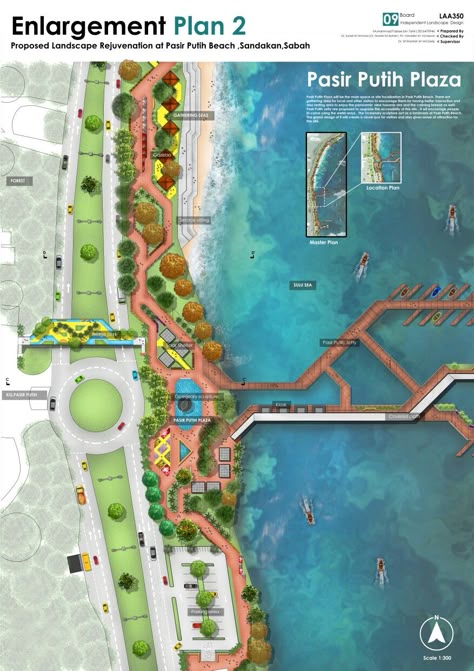 Sandakan Sabah, Beach Landscape Design, Boards Architecture, Landscape Architecture Presentation, Site Development Plan, Urban Spaces Design, Site Plan Design, Architecture Diagrams, Presentation Architecture