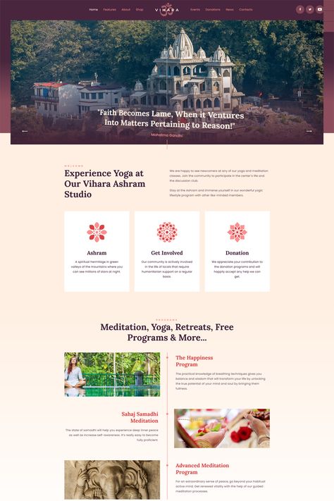 Vihara is a WordPress theme designed for Ashrams, Oriental Buddhist Temples, and spiritual retreat centers. It offers a range of features and design elements to create a serene and engaging website for promoting your spiritual teachings and activities. Spiritual Center Design, Temple Website Design, Spiritual Website Design, Spiritual Website, Johnny Lee, Buddhist Temples, Spiritual Retreat, Web Ui Design, Website Design Layout