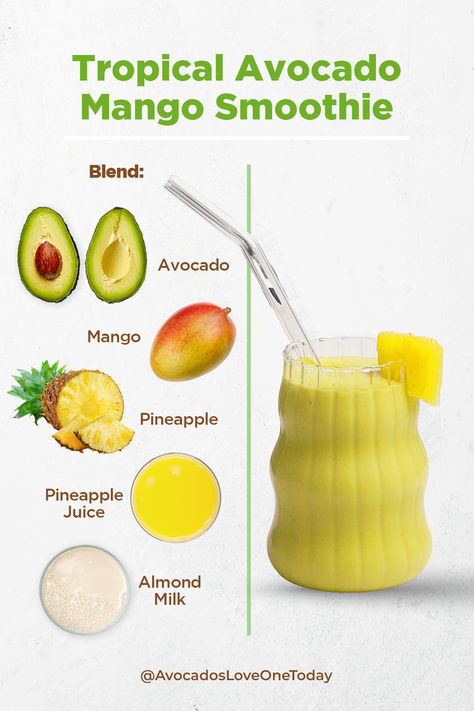 Did you know avocado smoothies are not only refreshing and delicious, but they also can help provide benefits for radiant, glowing skin? Specific nutrients are recognized for their skin-enhancing properties, including vitamins C and E, and niacin. Avocados, a fruit that contains unsaturated fats, can contribute to these nutrients. Try this creamy blend featuring avocado, mango, and pineapple and sip your way to a healthier glow! #SkinFood #Nutrition #Avocados #Smoothies #Wellness #HealthyEating Avocado With Milk, Tropical Avocado, Mango Avocado Smoothie, Mango And Pineapple, Smoothie Mix, Unsaturated Fats, Avocado Smoothie, Mango Smoothie, Avocado Recipes