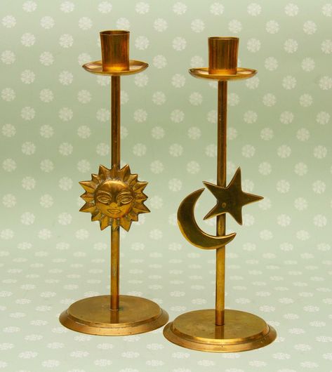 Celestial Candles, Celestial Candle, Moon And Stars Candles, Celestial Candle Holder, Star Candle Holder, Art Nouveau Candle Holder, Vintage Candlesticks, Bedroom Goals, Brass Candlesticks