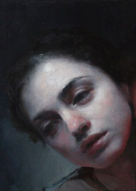 Detail of oil painting by artists Maria Kreyn, Alone Together, 2012 🌾  moody atmosphere and cold color palette make this portrait eerie and beautiful #art #painting #oilpainting #oiloncanvas #portrait #artwork #portraitofagirl #girl Maria Kreyn, Diary Painting, Museum Sketch, History Drawing, متحف فني, Alone Together, Sketchbook Sketches, Hur Man Målar, Oil Portrait