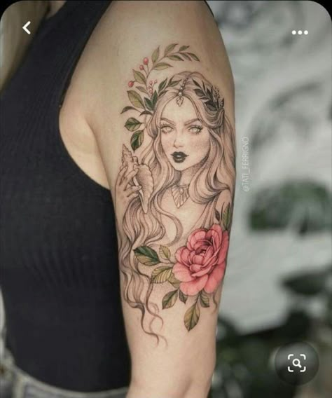 Modern Aphrodite Tattoo, Lady Nature Tattoo, Sunflower Fairy Tattoo, Floral Goddess Tattoo, Mother Nature Tattoos Goddesses, Nature Goddess Tattoo, Female Goddess Tattoo, Afrodita Tattoo, Aphrodite Tattoos