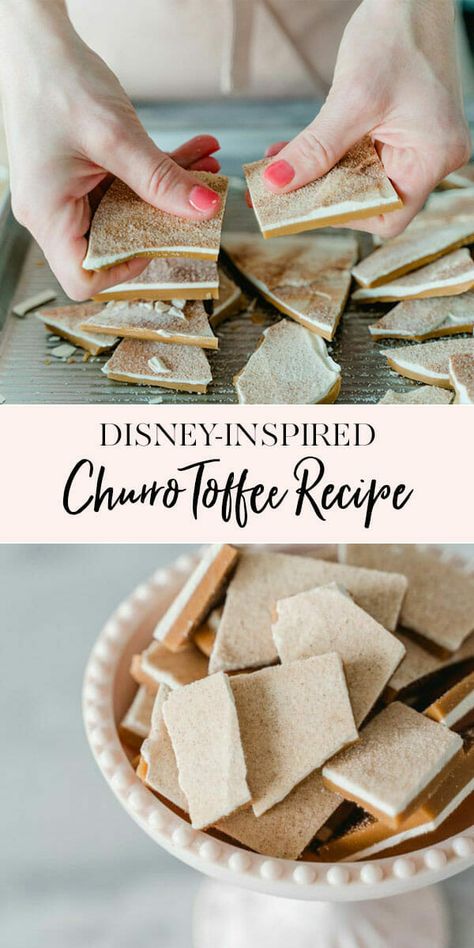 Disney-inspired Churro Toffee Recipe | If you’re missing Main Street, USA as much as I am, this is the recipe for you! Churro Toffee has been a sought after treat at Disneyland in recent years. It’s a classic toffee covered in white chocolate and sprinkled with that nostalgic cinnamon churro mixture we’ve all come to love so much. || JennyCookies.com Churro Toffee Recipe, Churro Toffee, Disney Inspired Food, Jenny Cookies, Toffee Recipe, Toffee Bars, Candy Recipes Homemade, Main Street Usa, Chocolate Wafers