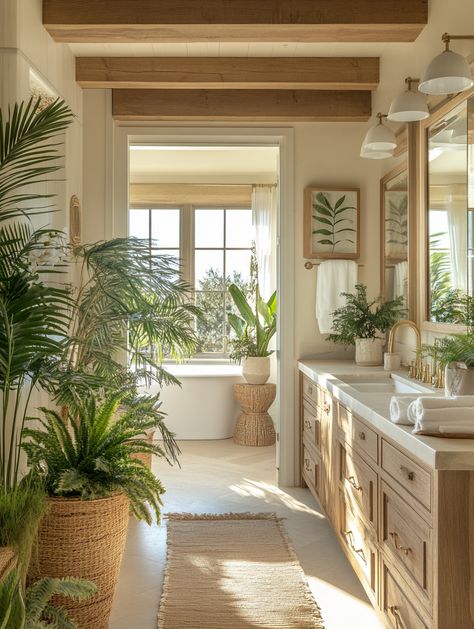 u1942658271_A_coastal_bathroom_with_indoor_plants_including_f_f669bf36-d3c1-449a-b28a-c2283cf6ce0b_3 Carribean Bathroom Ideas, Mediterranean Style Bathroom Ideas, Modern Coastal Bathroom Decor, Coastal Master Bath, Coastal Boho Bathroom, Light And Airy Bathroom, Beach Home Bathroom, Tropical Bathroom Design, California Bungalow Interior